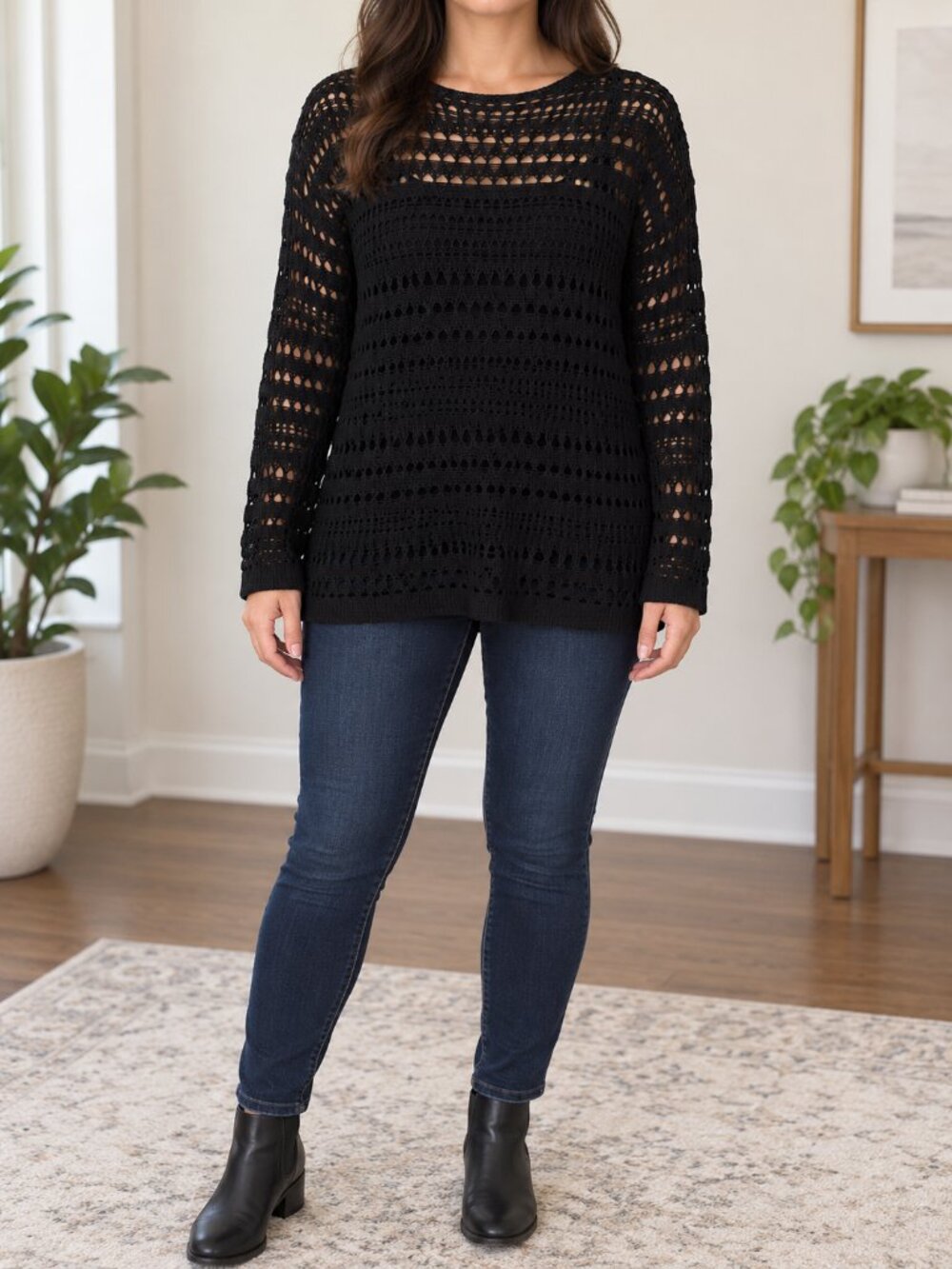 Black Crochet Knit Open V-Back Tie Pullover Sweater XL US 12